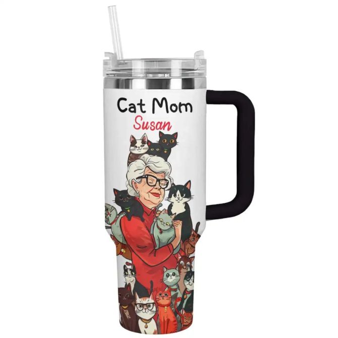 Cat Custom Stanley Quencher 40Oz Stainless Steel Tumbler With Handle