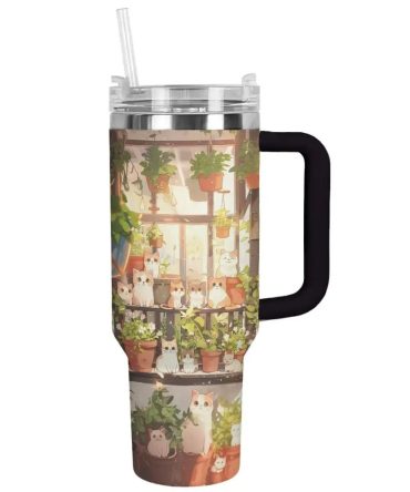 Cat Custom Stanley Quencher 40Oz Stainless Steel Tumbler With Handle