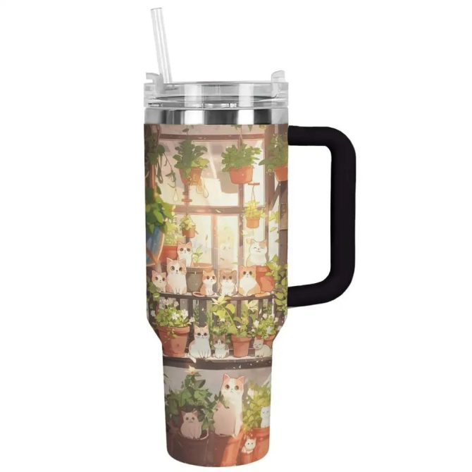 Cat Custom Stanley Quencher 40Oz Stainless Steel Tumbler With Handle