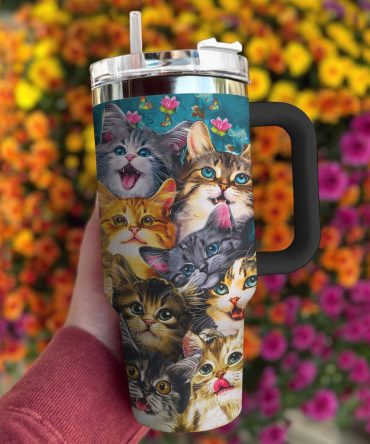 Cat Custom Stanley Quencher 40Oz Stainless Steel Tumbler With Handle
