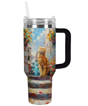 Cat Custom Stanley Quencher 40Oz Stainless Steel Tumbler With Handle