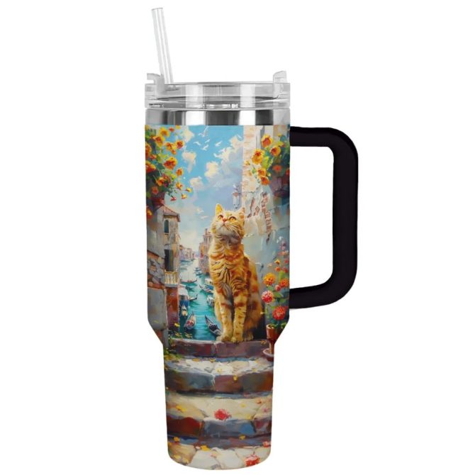 Cat Custom Stanley Quencher 40Oz Stainless Steel Tumbler With Handle
