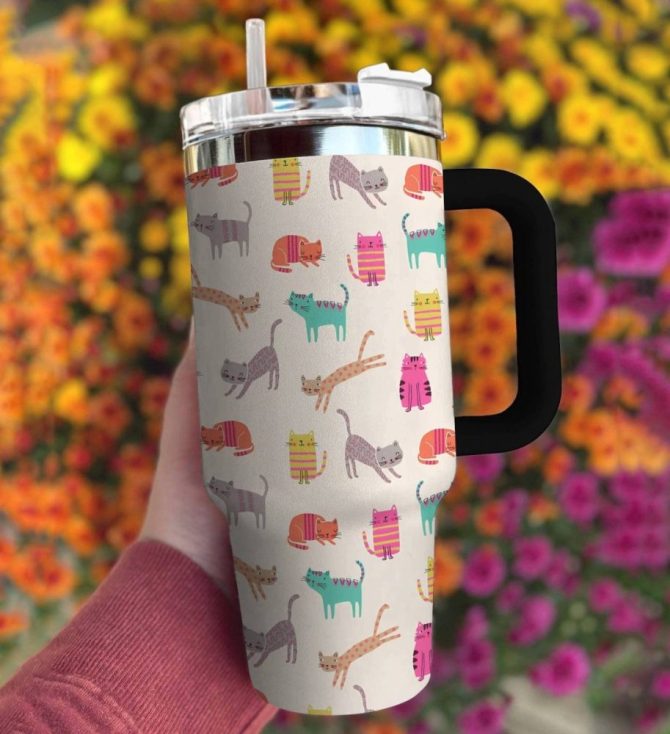 Cat Custom Stanley Quencher 40Oz Stainless Steel Tumbler With Handle