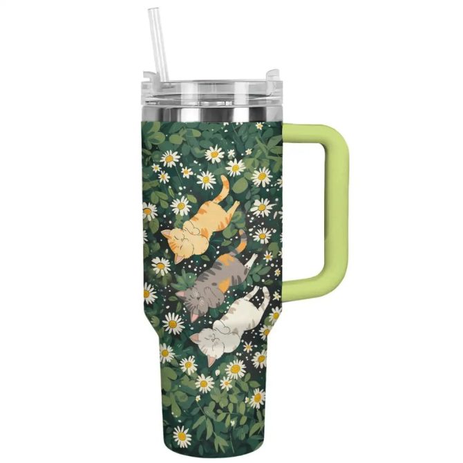 Cat Custom Stanley Quencher 40Oz Stainless Steel Tumbler With Handle