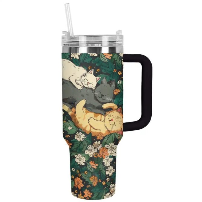 Cat Custom Stanley Quencher 40Oz Stainless Steel Tumbler With Handle