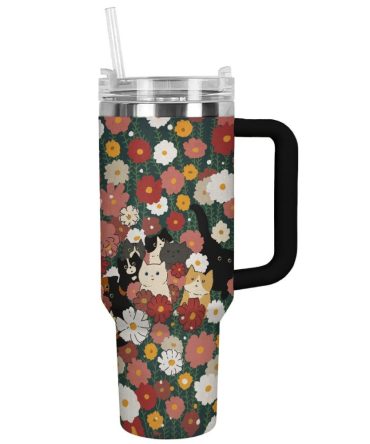Cat Custom Stanley Quencher 40Oz Stainless Steel Tumbler With Handle