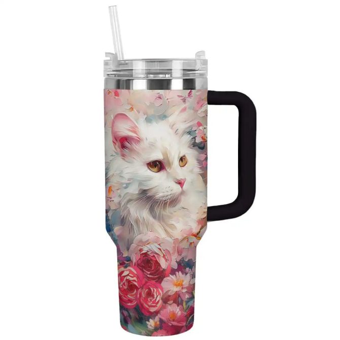 Cat Custom Stanley Quencher 40Oz Stainless Steel Tumbler With Handle