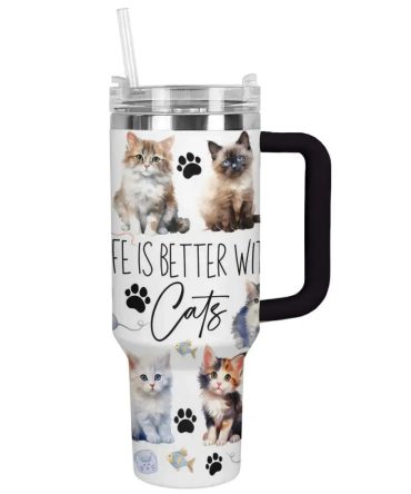Cat Custom Stanley Quencher 40Oz Stainless Steel Tumbler With Handle