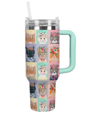 Cat Custom Stanley Quencher 40Oz Stainless Steel Tumbler With Handle