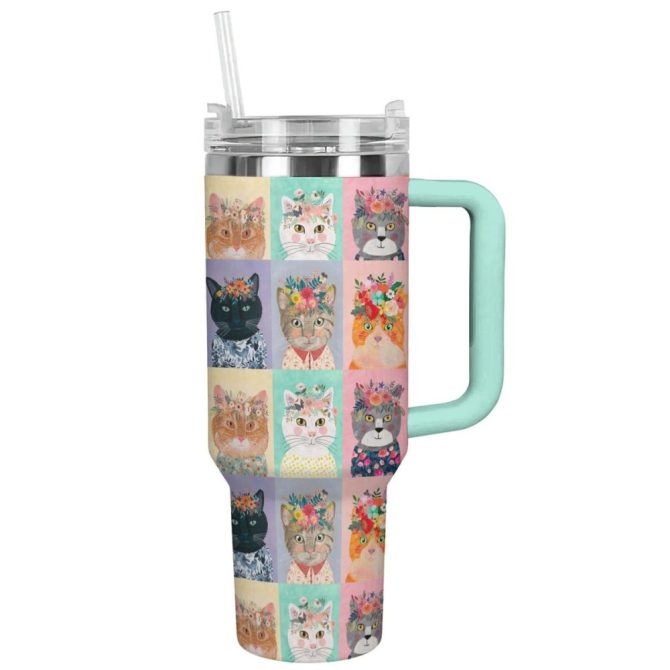 Cat Custom Stanley Quencher 40Oz Stainless Steel Tumbler With Handle
