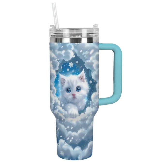 Cat Custom Stanley Quencher 40Oz Stainless Steel Tumbler With Handle