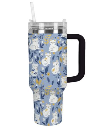 Cat Custom Stanley Quencher 40Oz Stainless Steel Tumbler With Handle