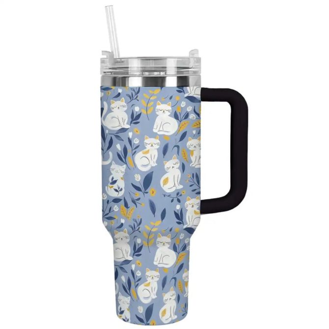 Cat Custom Stanley Quencher 40Oz Stainless Steel Tumbler With Handle