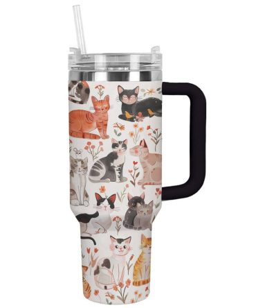 Cat Custom Stanley Quencher 40Oz Stainless Steel Tumbler With Handle