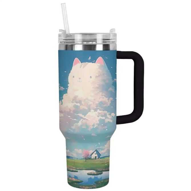Cat Custom Stanley Quencher 40Oz Stainless Steel Tumbler With Handle