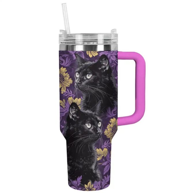 Cat Custom Stanley Quencher 40Oz Stainless Steel Tumbler With Handle