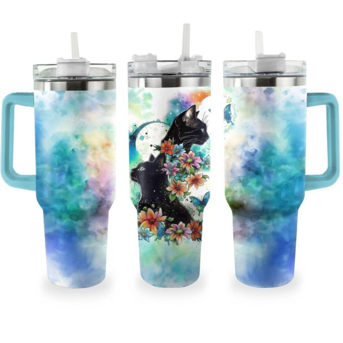 Cat Custom Stanley Quencher 40Oz Stainless Steel Tumbler With Handle