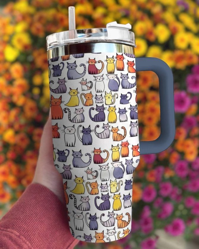 Cat Custom Stanley Quencher 40Oz Stainless Steel Tumbler With Handle