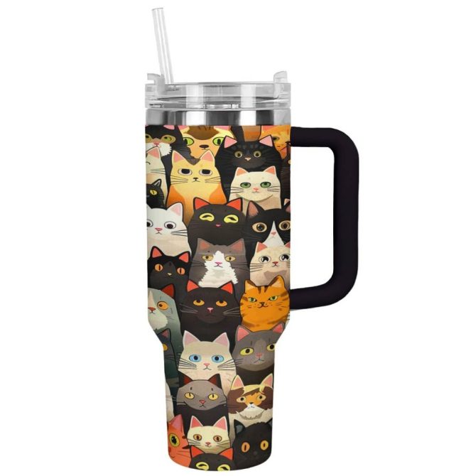 Cat Custom Stanley Quencher 40Oz Stainless Steel Tumbler With Handle