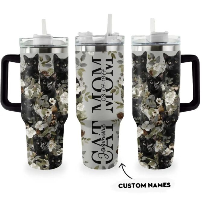 Cat Custom Stanley Quencher 40Oz Stainless Steel Tumbler With Handle