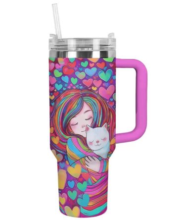 Cat Custom Stanley Quencher 40Oz Stainless Steel Tumbler With Handle