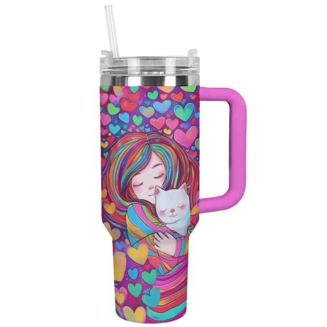 Cat Custom Stanley Quencher 40Oz Stainless Steel Tumbler With Handle