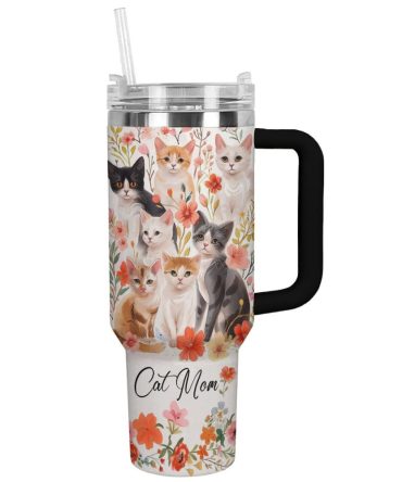 Cat Custom Stanley Quencher 40Oz Stainless Steel Tumbler With Handle
