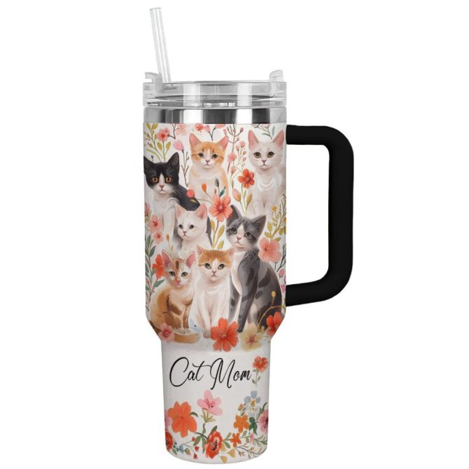 Cat Custom Stanley Quencher 40Oz Stainless Steel Tumbler With Handle