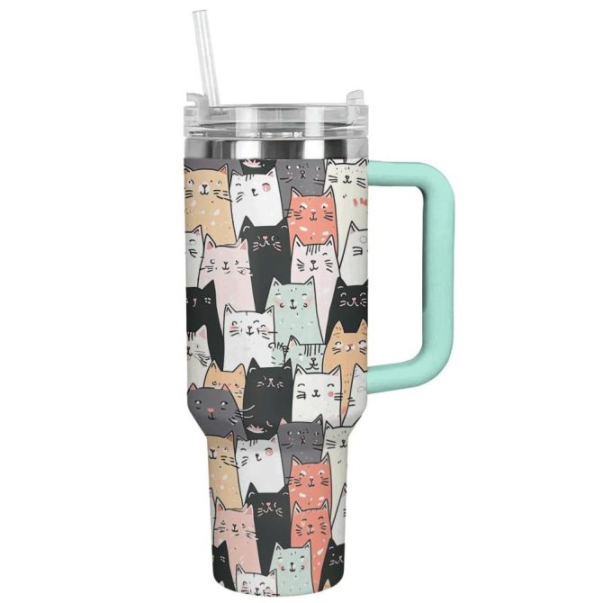 Cat Custom Stanley Quencher 40Oz Stainless Steel Tumbler With Handle