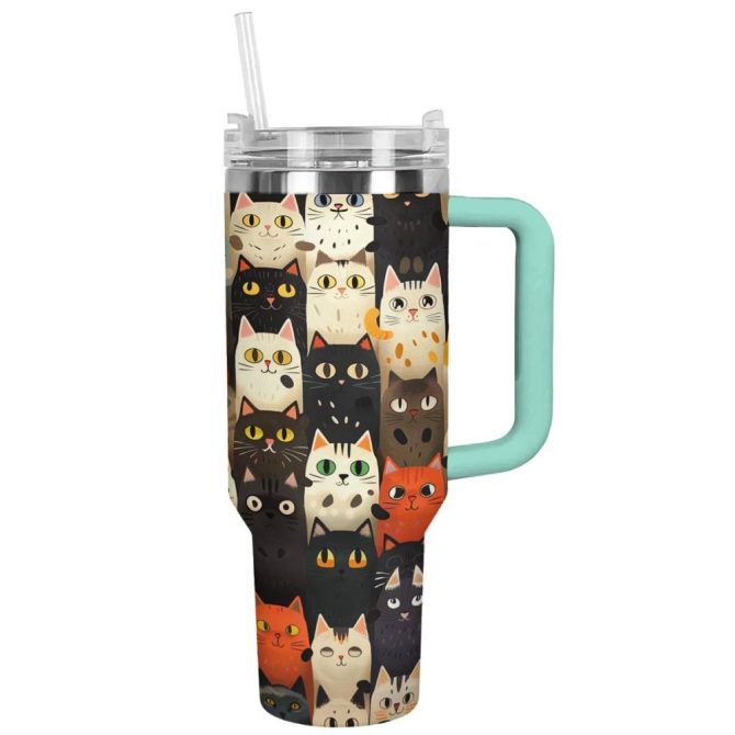 Cat Custom Stanley Quencher 40Oz Stainless Steel Tumbler With Handle
