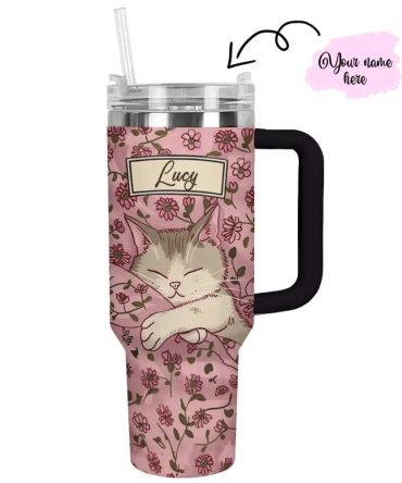 Cat Custom Stanley Quencher 40Oz Stainless Steel Tumbler With Handle
