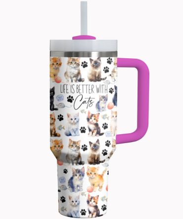 Cat Custom Stanley Quencher 40Oz Stainless Steel Tumbler With Handle