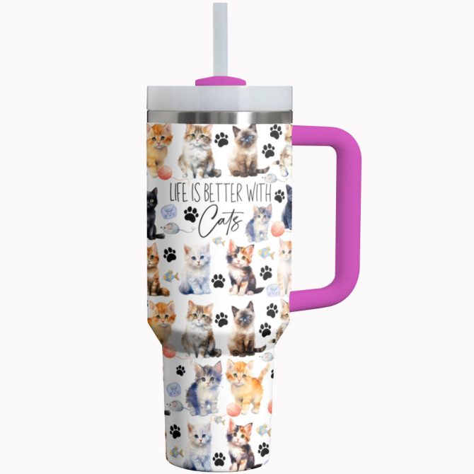 Cat Custom Stanley Quencher 40Oz Stainless Steel Tumbler With Handle
