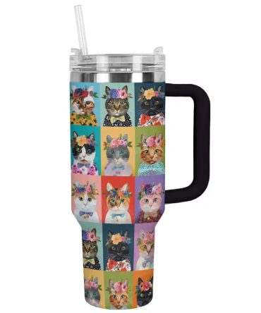 Cat Custom Stanley Quencher 40Oz Stainless Steel Tumbler With Handle