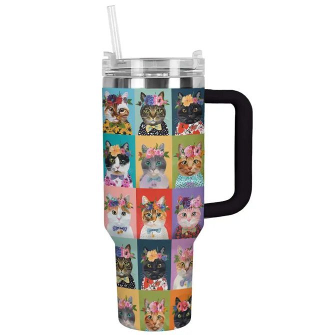 Cat Custom Stanley Quencher 40Oz Stainless Steel Tumbler With Handle