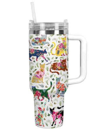 Cat Custom Stanley Quencher 40Oz Stainless Steel Tumbler With Handle