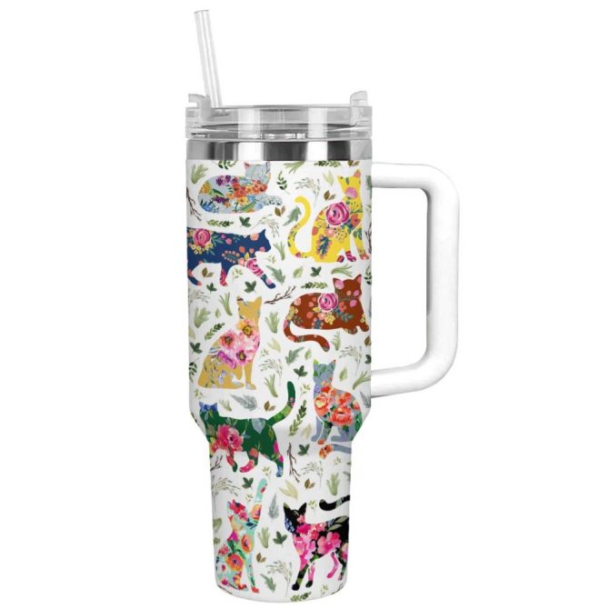 Cat Custom Stanley Quencher 40Oz Stainless Steel Tumbler With Handle