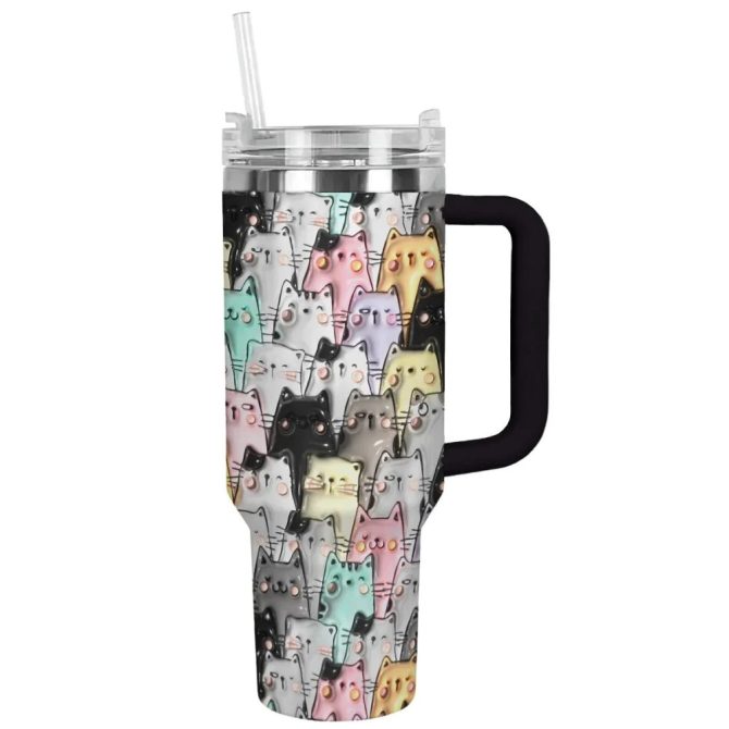Cat Custom Stanley Quencher 40Oz Stainless Steel Tumbler With Handle