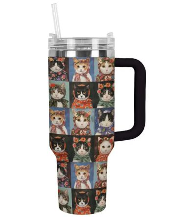 Cat Custom Stanley Quencher 40Oz Stainless Steel Tumbler With Handle