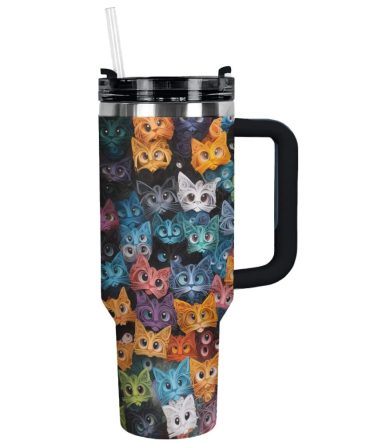 Cat Faces Custom Stanley Quencher 40Oz Stainless Steel Tumbler With Handle