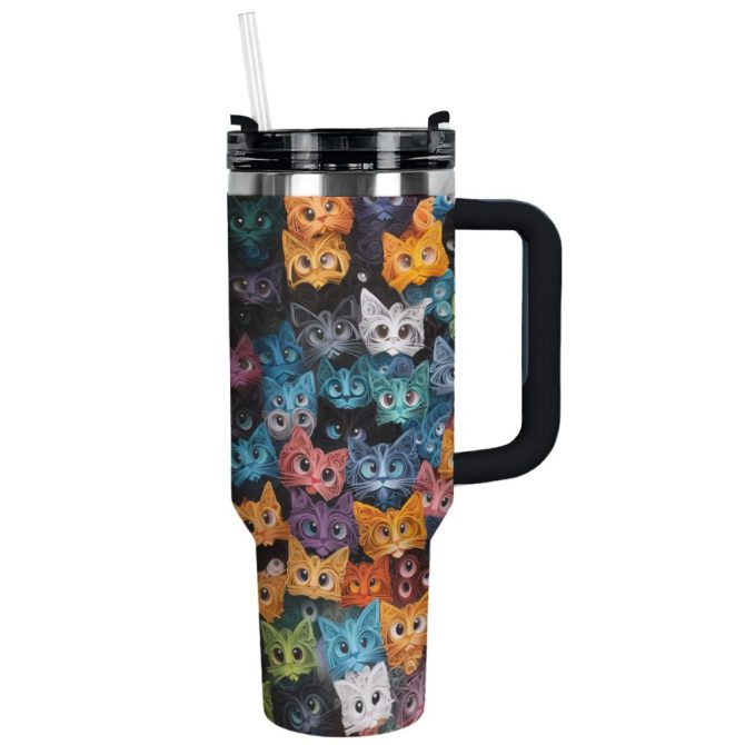 Cat Faces Custom Stanley Quencher 40Oz Stainless Steel Tumbler With Handle