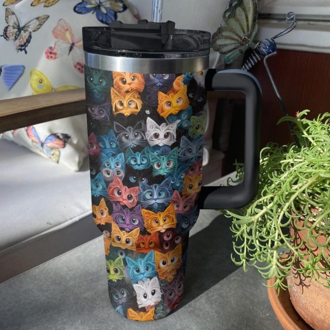 Cat Faces Custom Stanley Quencher 40Oz Stainless Steel Tumbler With Handle - Image 3