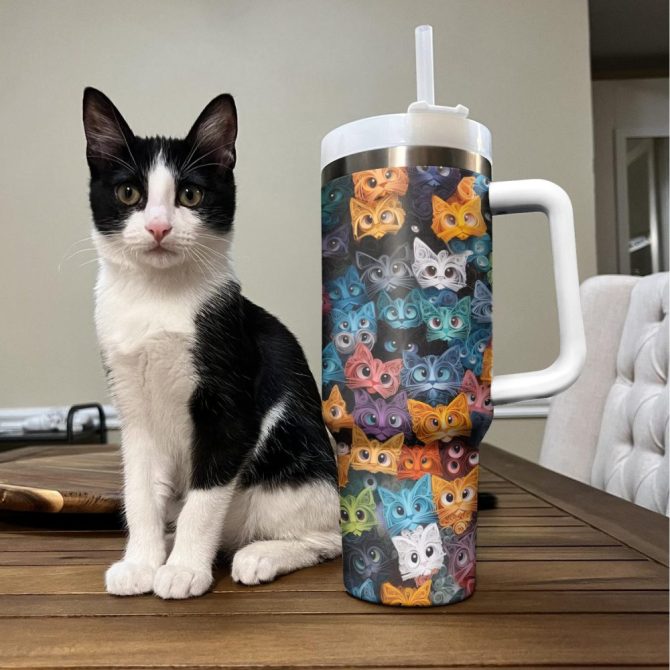 Cat Faces Custom Stanley Quencher 40Oz Stainless Steel Tumbler With Handle - Image 2