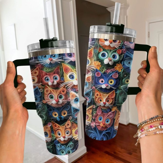 Cat Faces Krew Custom Stanley Quencher 40Oz Stainless Steel Tumbler With Handle - Image 2