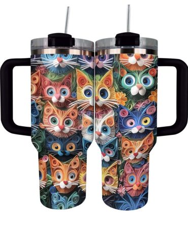 Cat Faces Krew Custom Stanley Quencher 40Oz Stainless Steel Tumbler With Handle