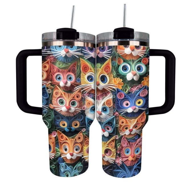 Cat Faces Krew Custom Stanley Quencher 40Oz Stainless Steel Tumbler With Handle