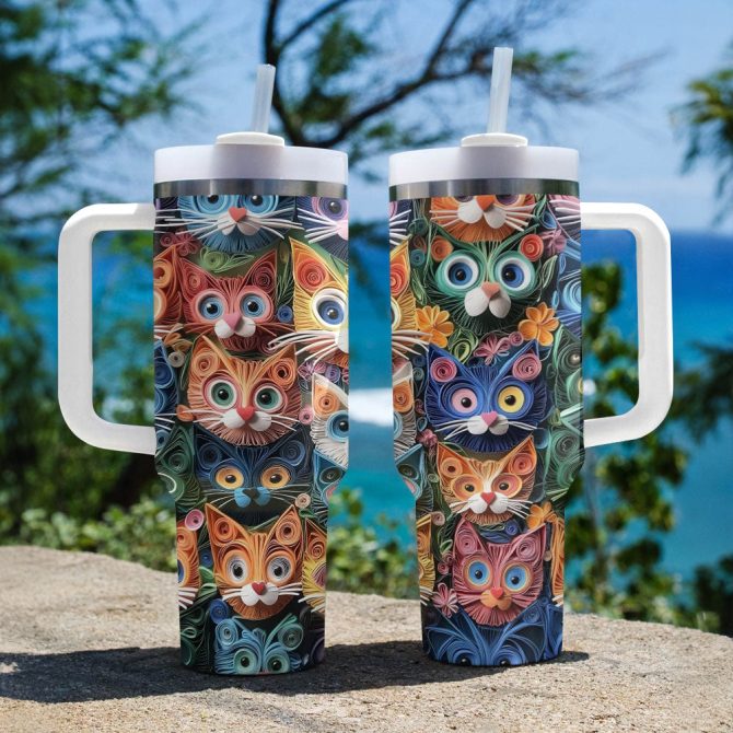Cat Faces Krew Custom Stanley Quencher 40Oz Stainless Steel Tumbler With Handle - Image 3