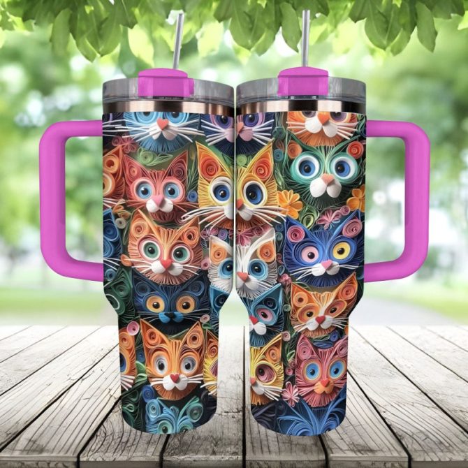 Cat Faces Krew Custom Stanley Quencher 40Oz Stainless Steel Tumbler With Handle - Image 4