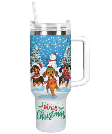 Cheerful Christmas Dachshund Custom Stanley Quencher 40Oz Stainless Steel Tumbler With Handle
