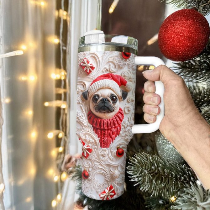 Cheerful Christmas Pug Custom Stanley Quencher 40Oz Stainless Steel Tumbler With Handle - Image 3